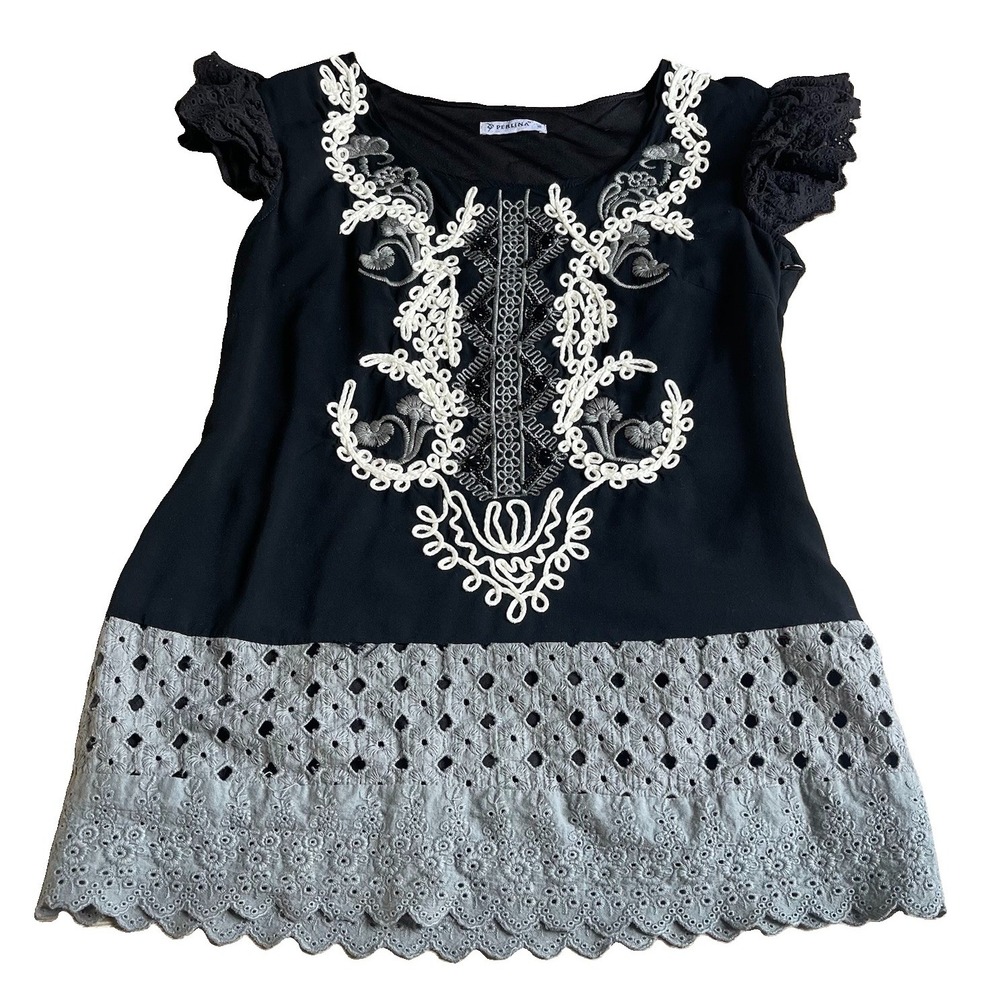 Perlina Size 2 Soutache Embroidered Beaded Eyelet Lace Boho Tunic Top Black